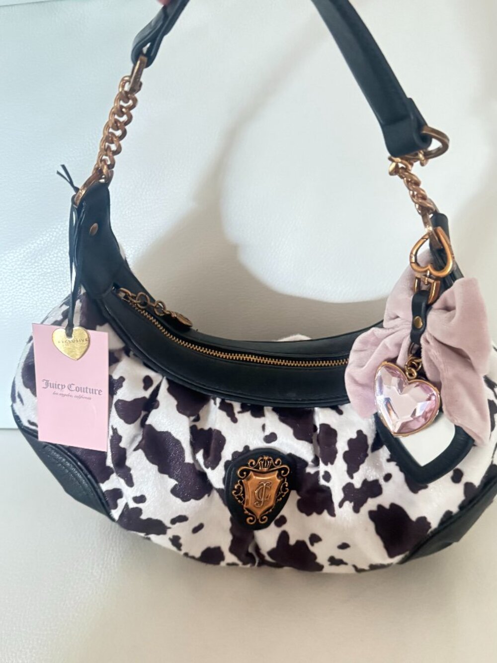 nwt juicy couture juicy romance cow print hobo bag w charm faux fur faux leather
